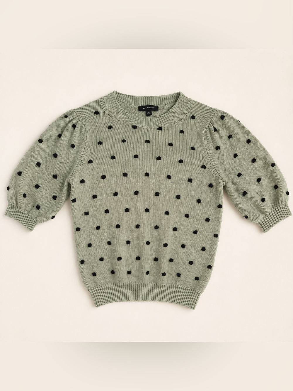 Ann Taylor Sage Green Knit Sweater with Black Polka Dots